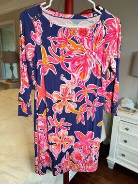 Lilly Pulitzer Sophie Dress Navy Bright Pink Floral UPF 50 Beach Casual Size S